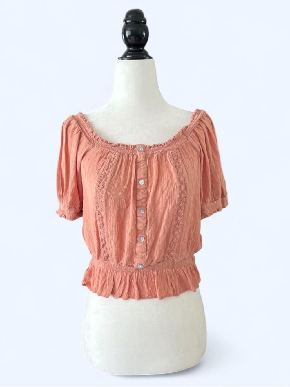 Pink Crochet-Trim Off-Shoulder Button Front Top Fairy Cottagecore Babydoll